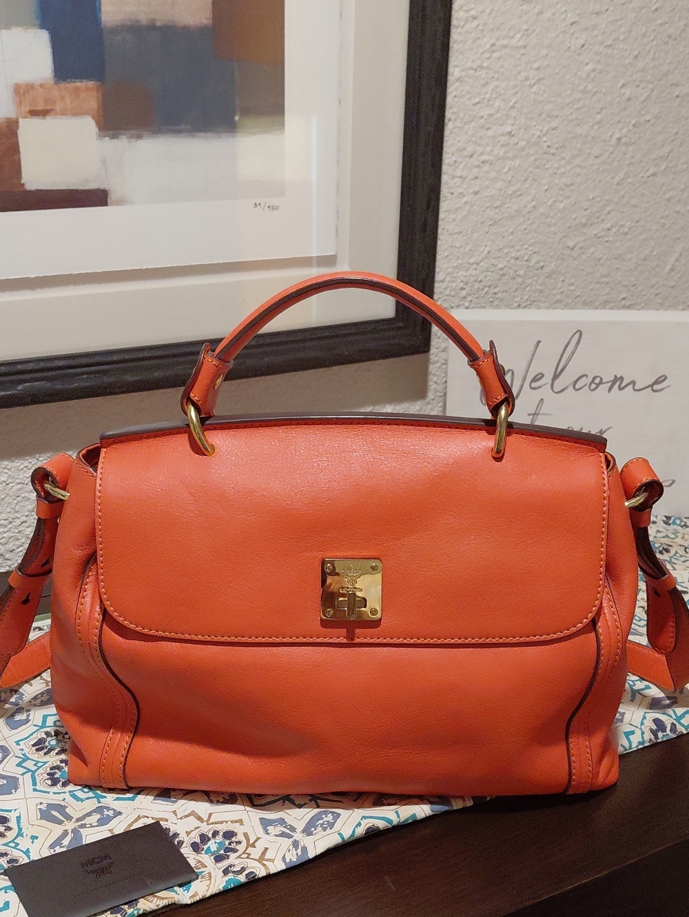 (RARE) Vintage Like New MCM Orange Leather Top-Handle Tote with Gold Hardware